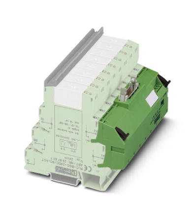 Phoenix Contact V8L-OUTPUT adapter for eight 14mm PLC Interfaces (2 PDTs; etc./see  Supplementary Products ). 14-Pos. Flat-Ribbon cable connection for the PLC system cabling; Control logic: Plus switching